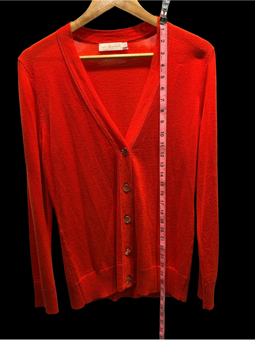 Tory Burch Red V-Neck Logo Button Cardigan Sweater Large